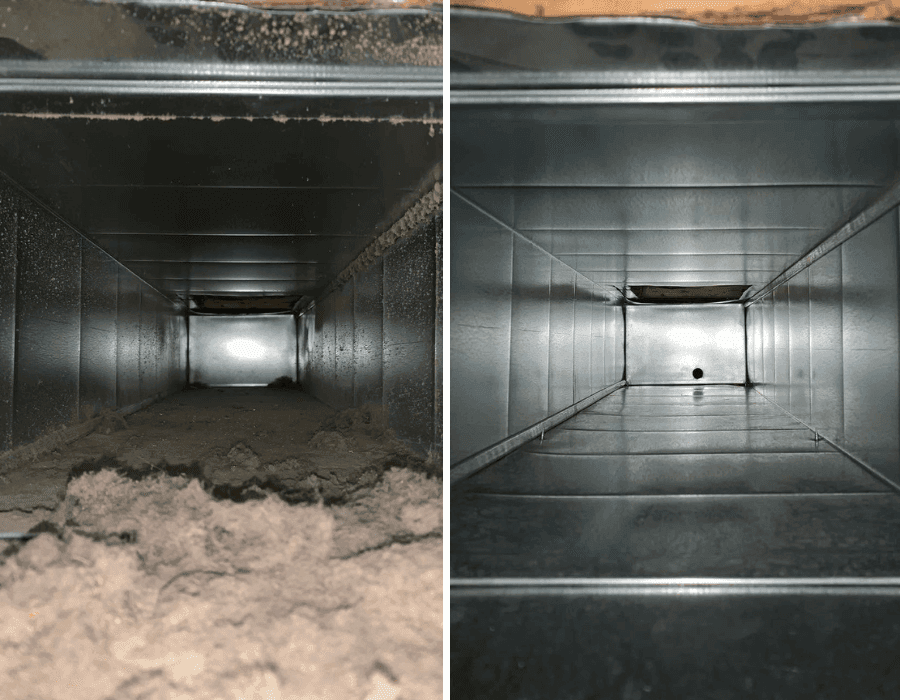 Air duct before and after a professional cleaning